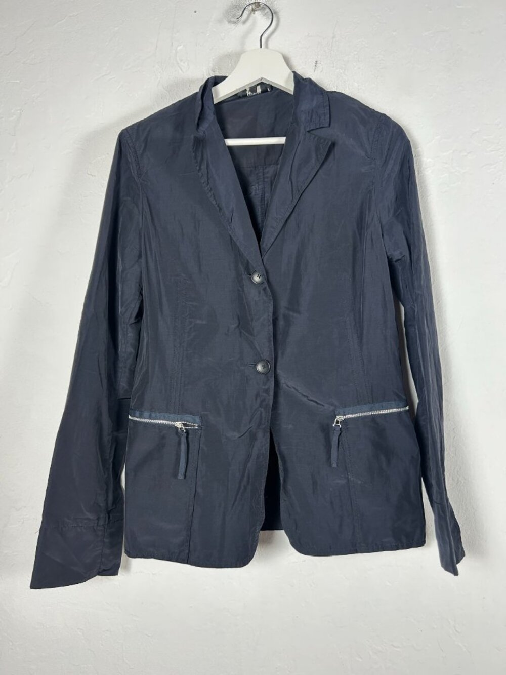 Philippe Adec Women Navy Two-Button Blazer Jacket Zip Pockets Size 6 Lightweight